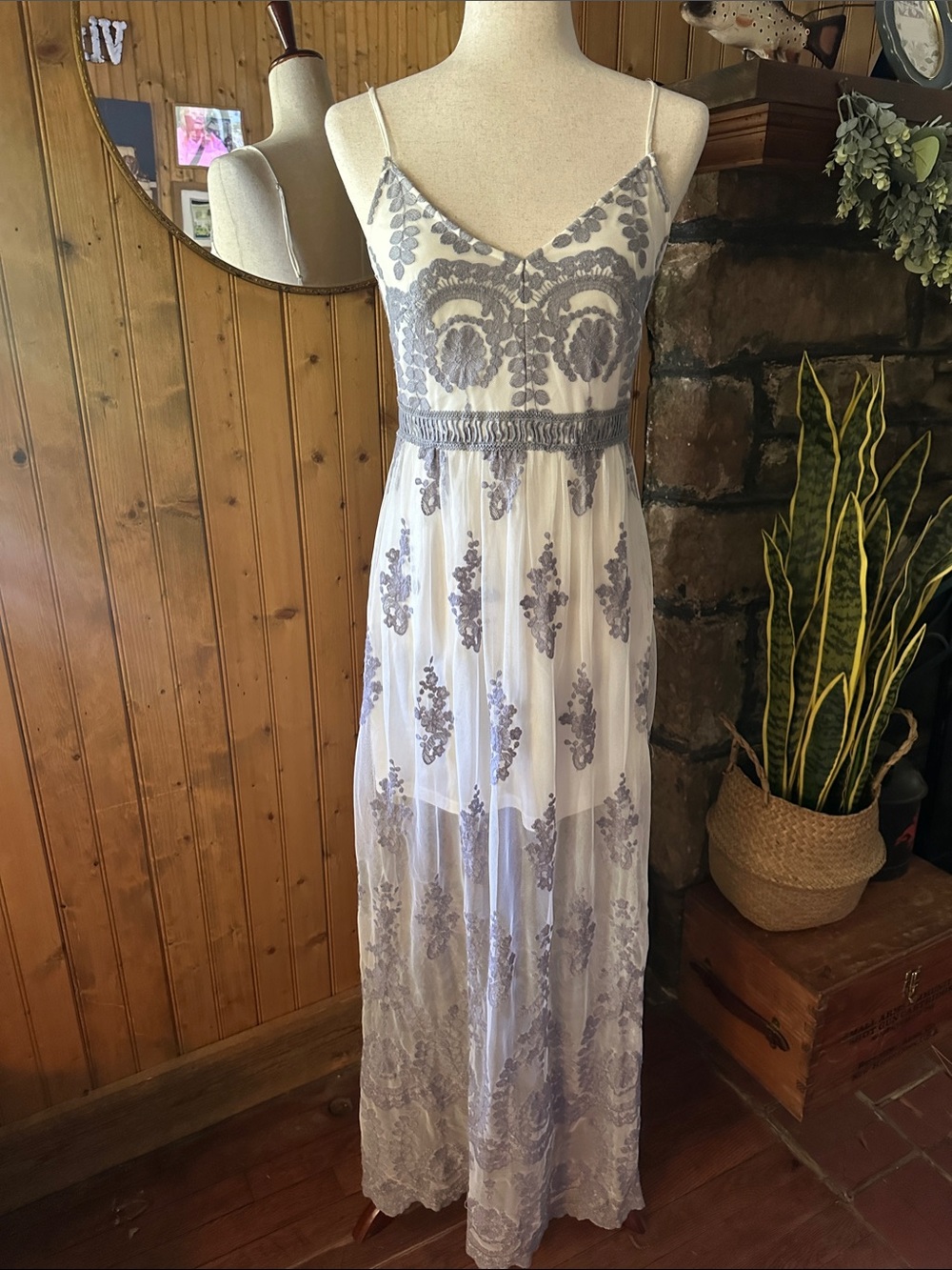 Boho White Maxi Dress with Mauve Lace Embroidery